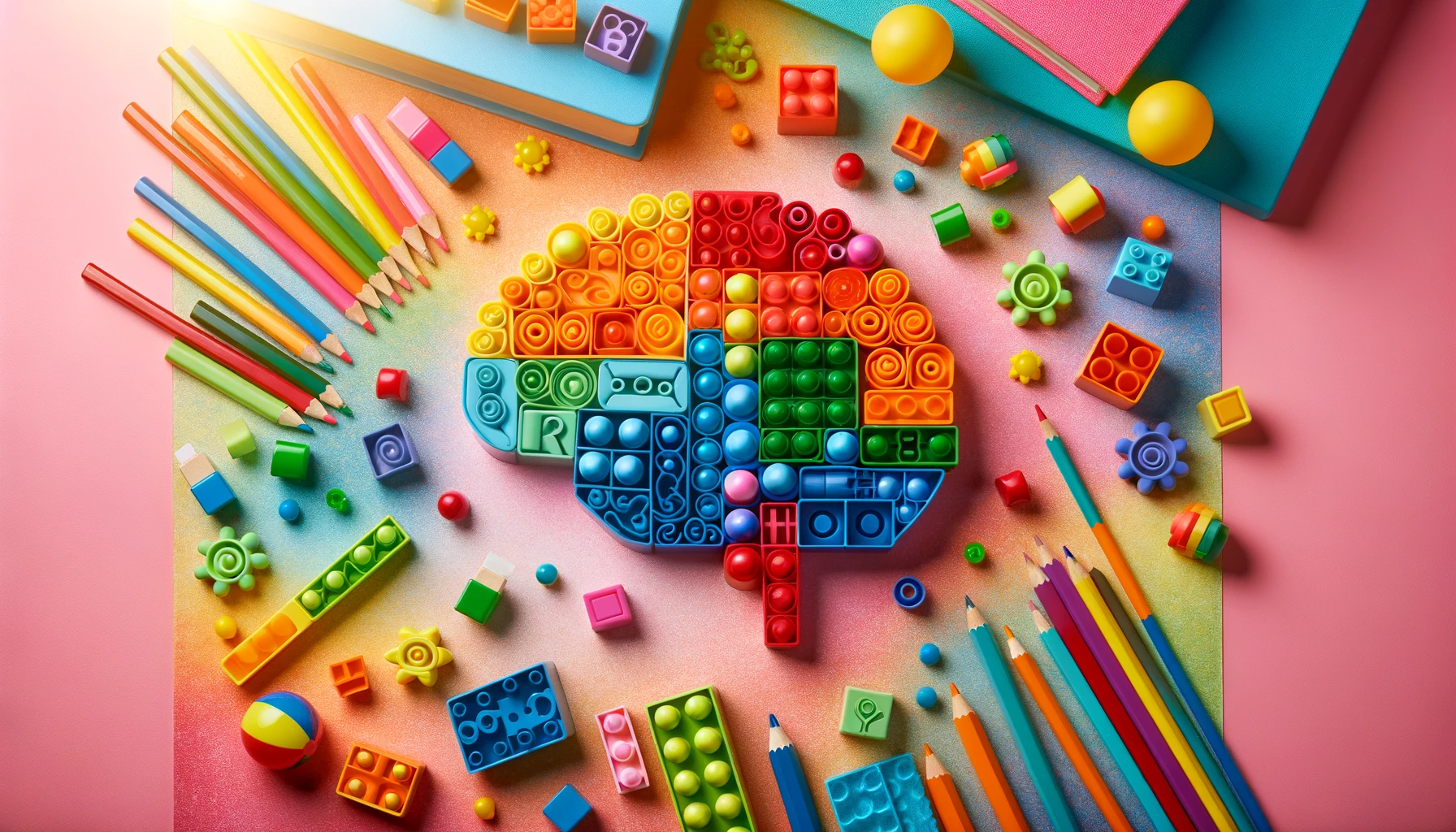 Creative brain-shaped structure made from colorful toy blocks on a vibrant background.
